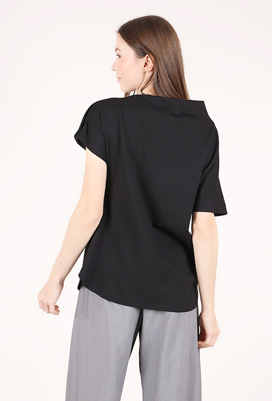 Noen Pleat Neck Ponte Top, Black