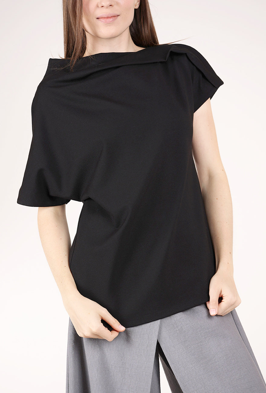 Noen Pleat Neck Ponte Top, Black