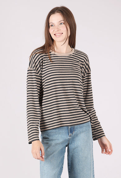 Mododoc Stripe Drop Shoulder Boxy Crew, Dark Oat/Charcoal