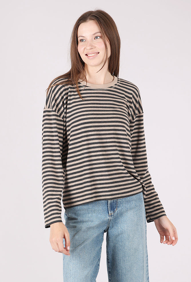 Mododoc Stripe Drop Shoulder Boxy Crew, Dark Oat/Charcoal