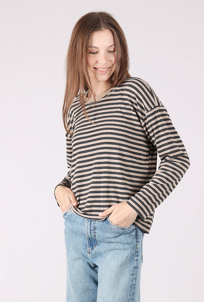 Mododoc Stripe Drop Shoulder Boxy Crew, Dark Oat/Charcoal