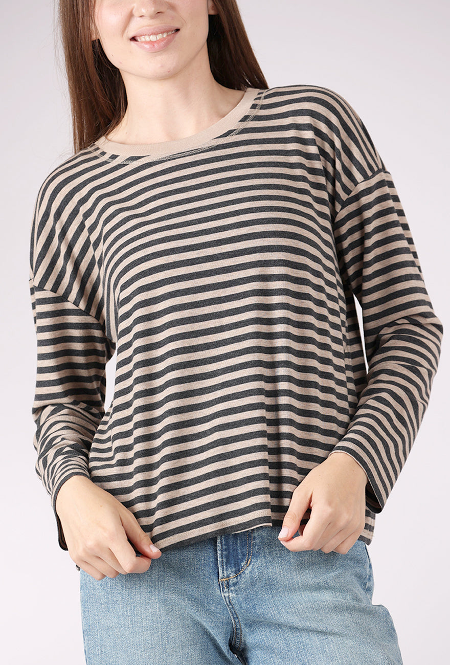 Stripe Drop Shoulder Boxy Crew, Dark Oat/Charcoal