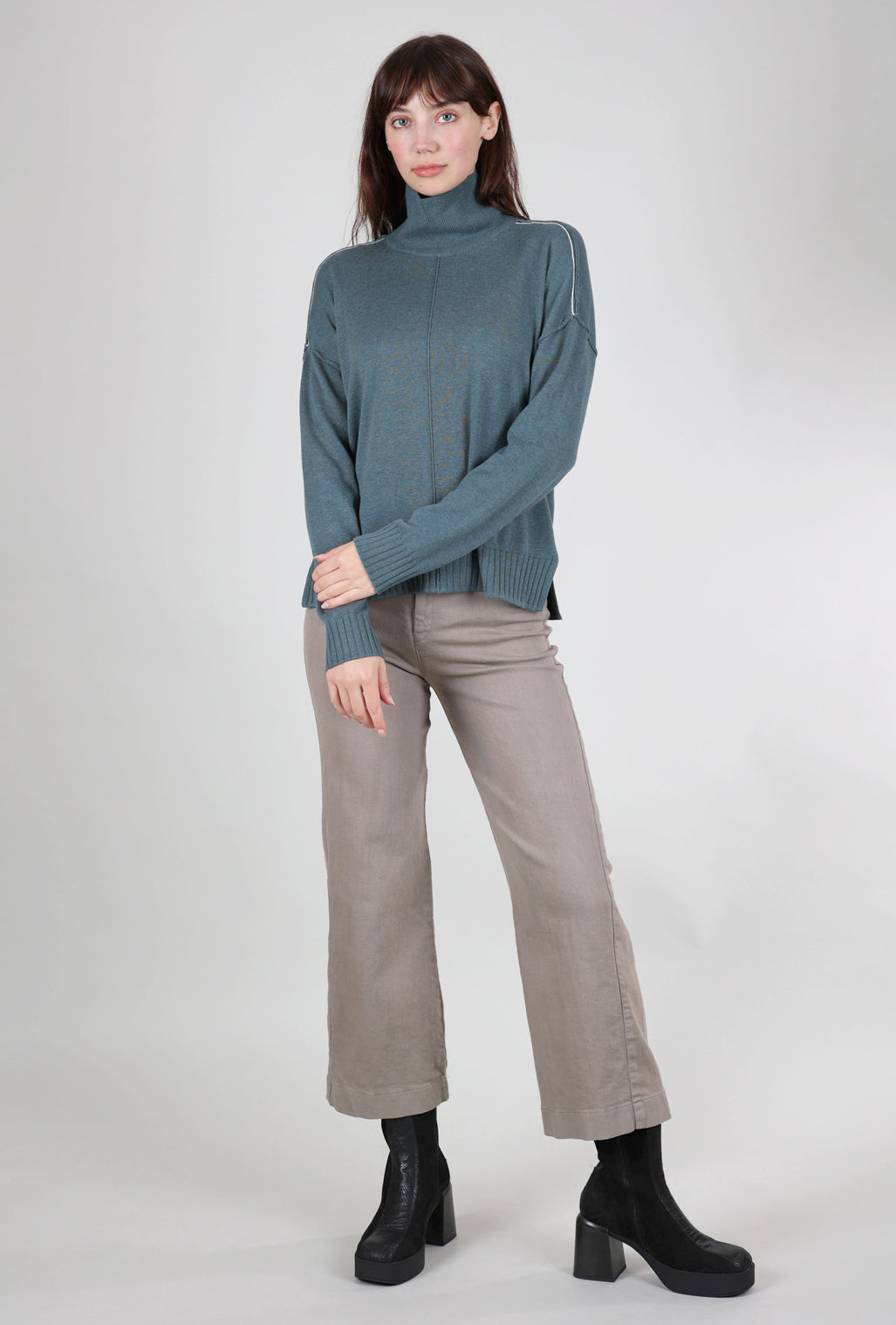 Lilla P Contrast Tipped Relaxed Tneck, Heron