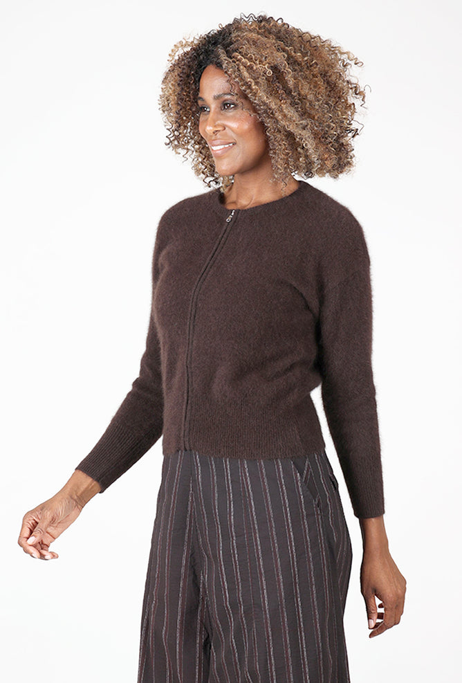 Estheme Cashmere Cropped Zip Raccoon Cardie, Americano