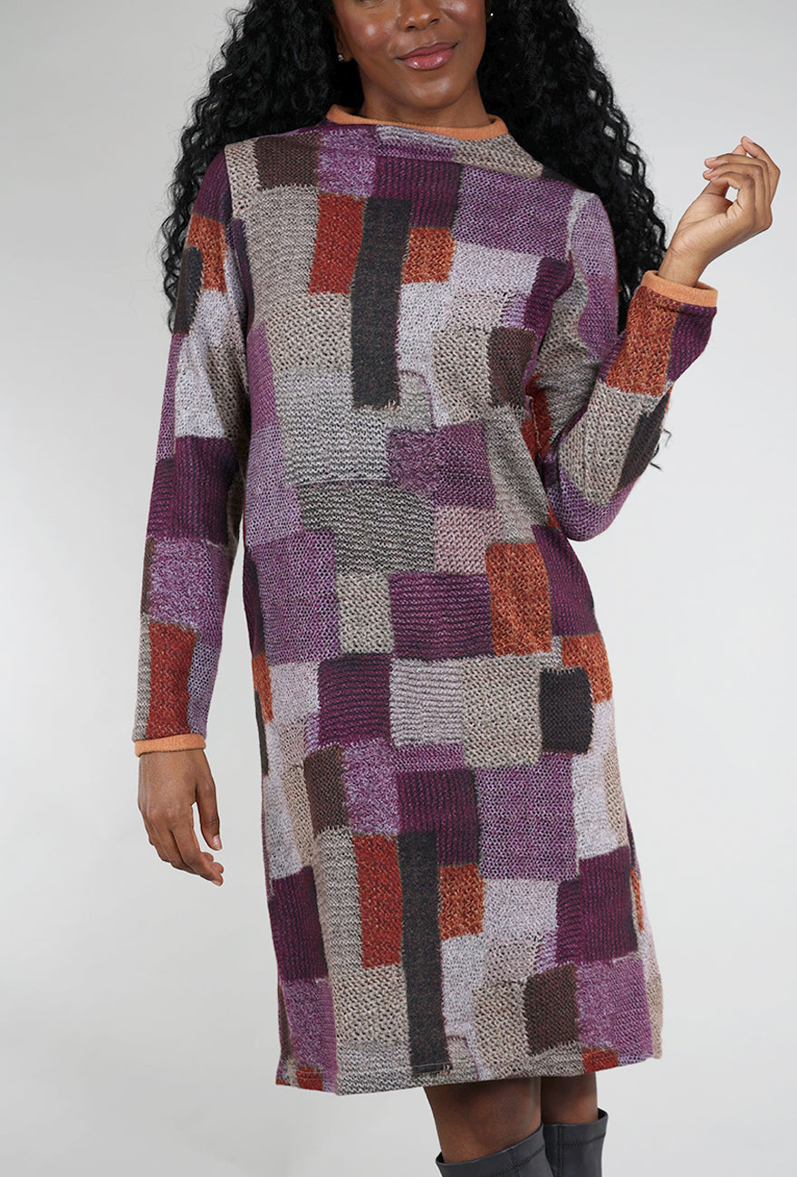 Trisha Tyler Brushed Contrast Trim Print Dress, Plum/Rust