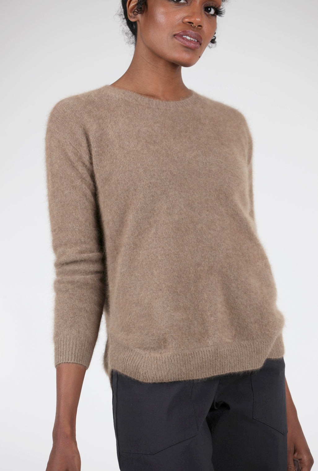 Estheme Cashmere Raccoon Classic Crew Sweater, Taupe