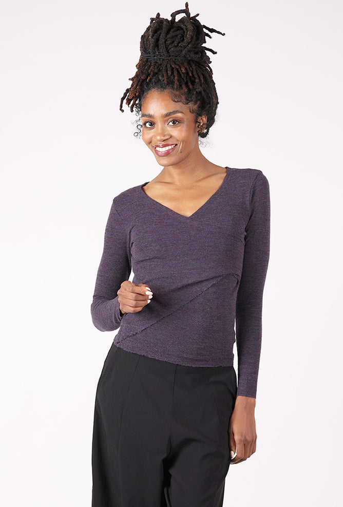 By Basics Surplice Wrap Merino Sweater, Plum Melange