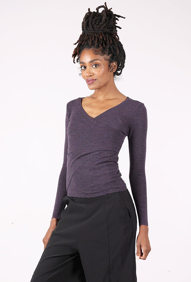 By Basics Surplice Wrap Merino Sweater, Plum Melange