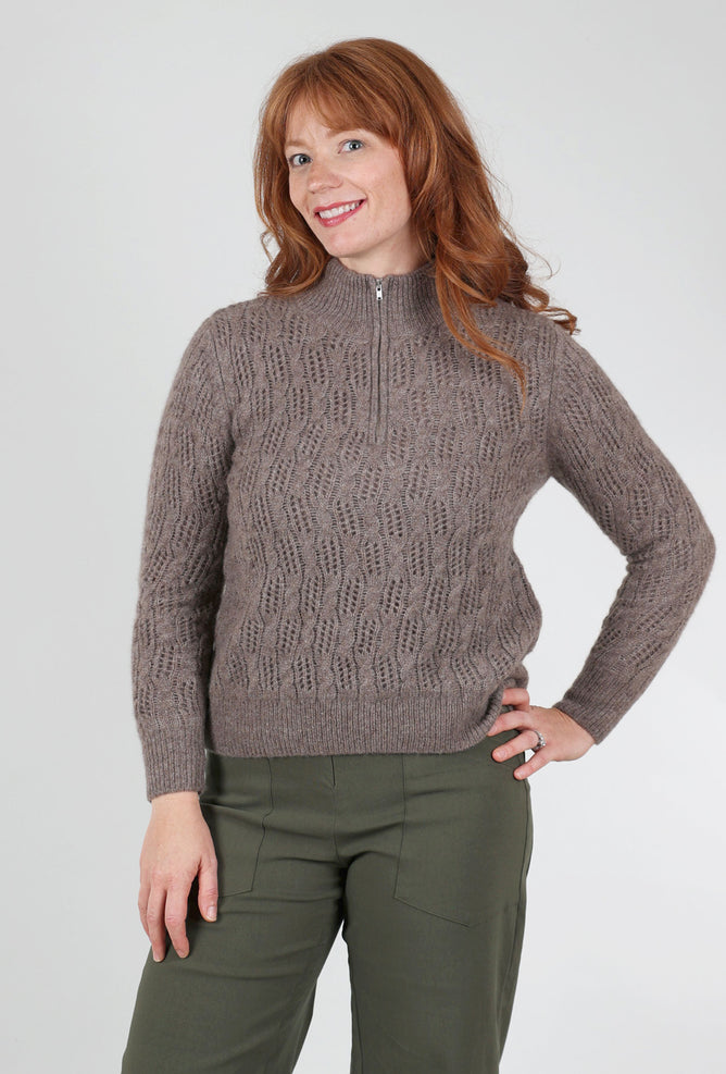 Kokun Pointelle Half-Zip Sweater, Hazelnut