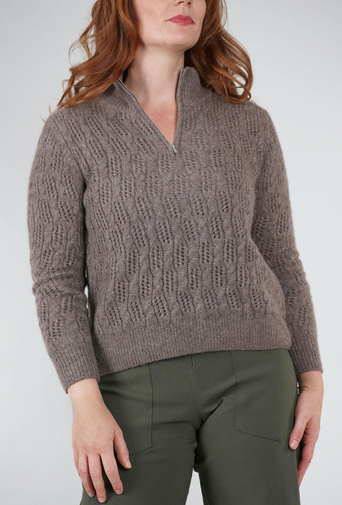 Kokun Pointelle Half-Zip Sweater, Hazelnut