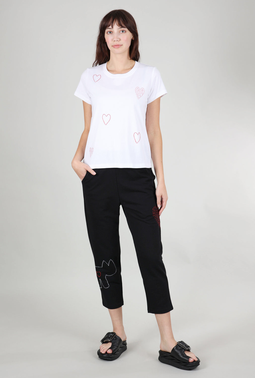 Cats With a Heart Hearts Embroidered S/S Tee, White