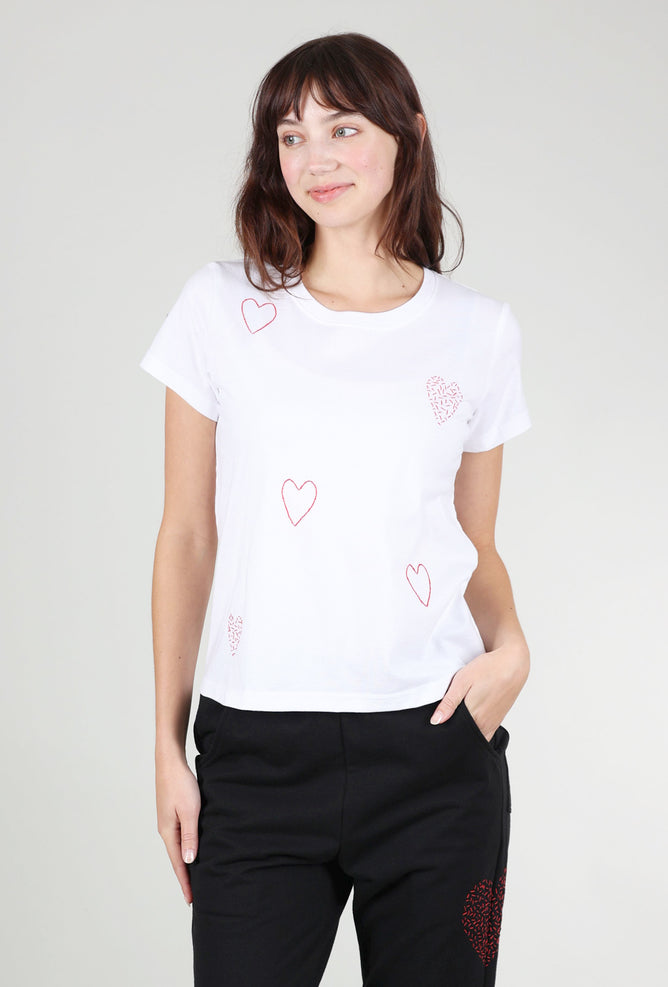 Cats With a Heart Hearts Embroidered S/S Tee, White
