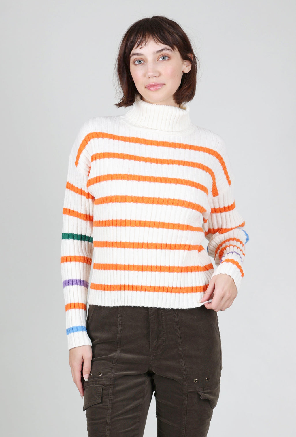 MDM Ribbed Stripe Tneck Sweater, Cream/Fire