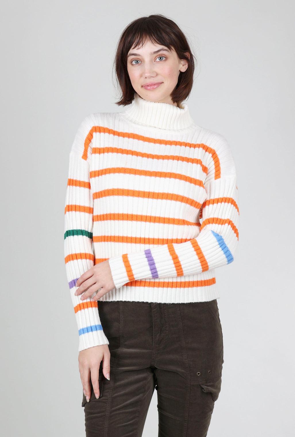 MDM Ribbed Stripe Tneck Sweater, Cream/Fire