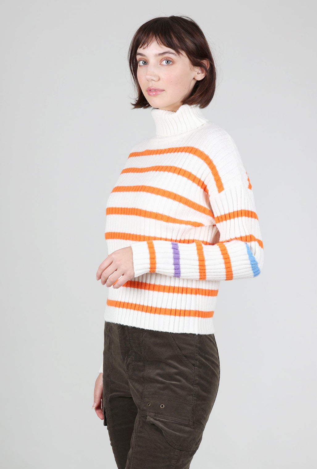 MDM Ribbed Stripe Tneck Sweater, Cream/Fire