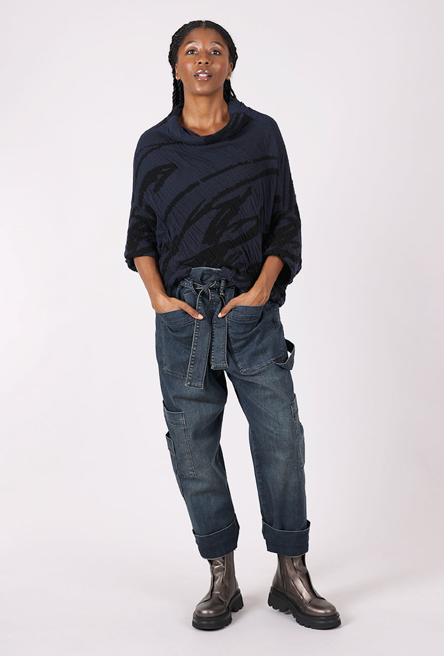 Moyuru Texture Knit Crop Sweater, Navy