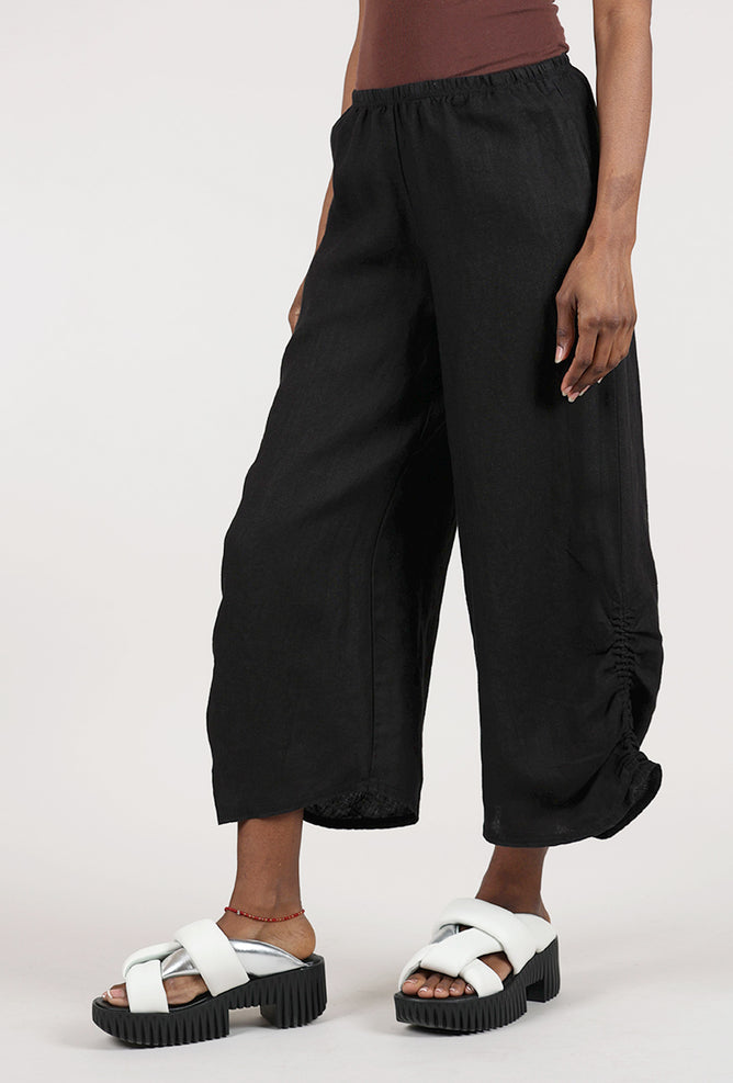 Cut Loose Ruched Detail Linen Pant, Black