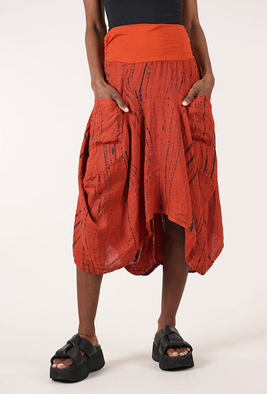 Linen Print Flounce Skirt, Rust