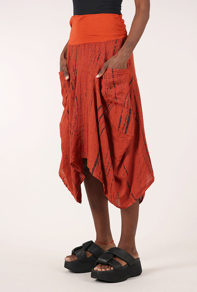 Linen Print Flounce Skirt, Rust