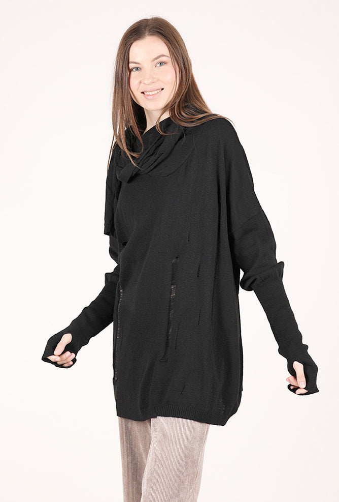 Sanctamuerte Scarf Attached Tattered Sweater, Black