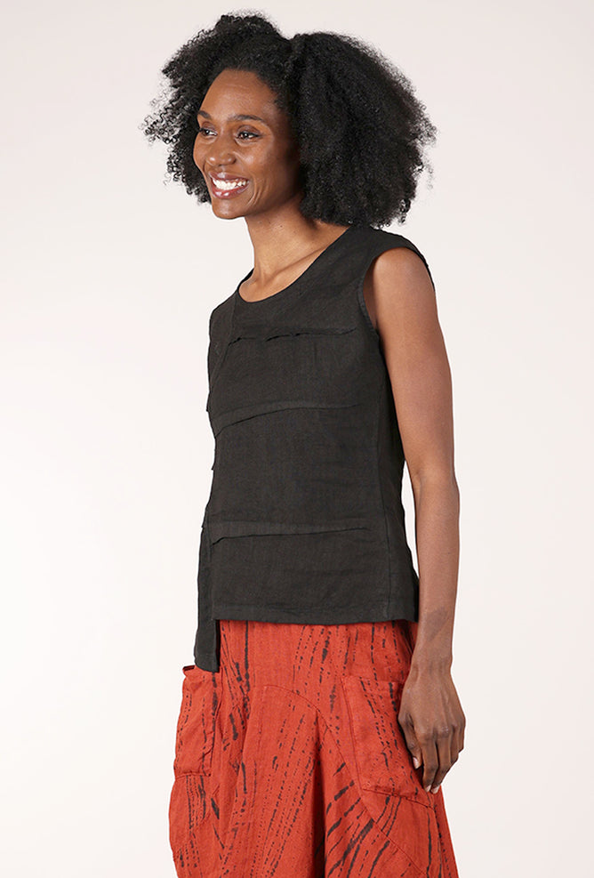 Ribbed Back Linen Top, Black