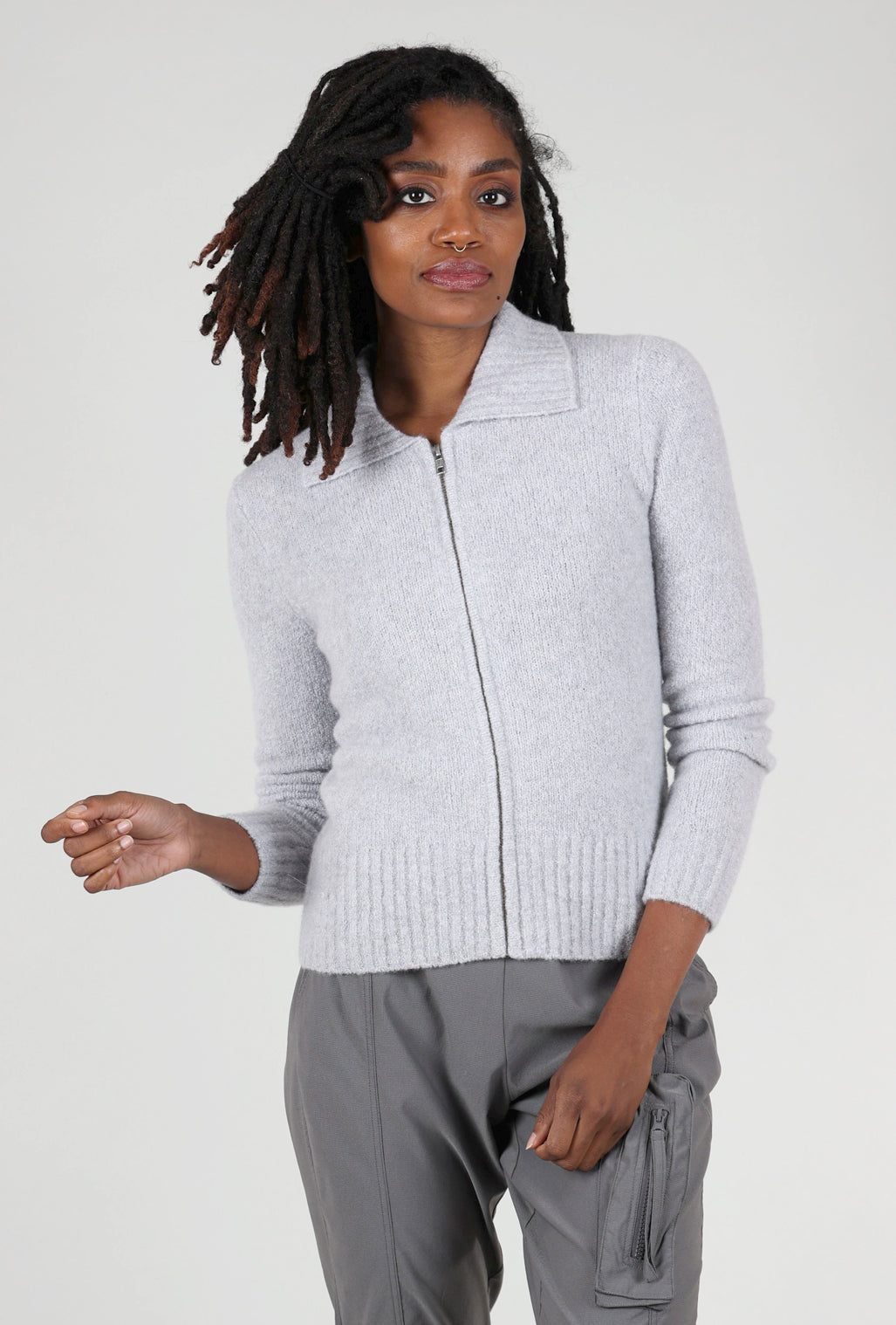 Kokun Cashmere Boucle Full-Zip Polo, Argento Gray