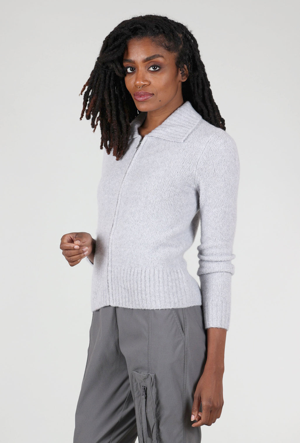 Kokun Cashmere Boucle Full-Zip Polo, Argento Gray