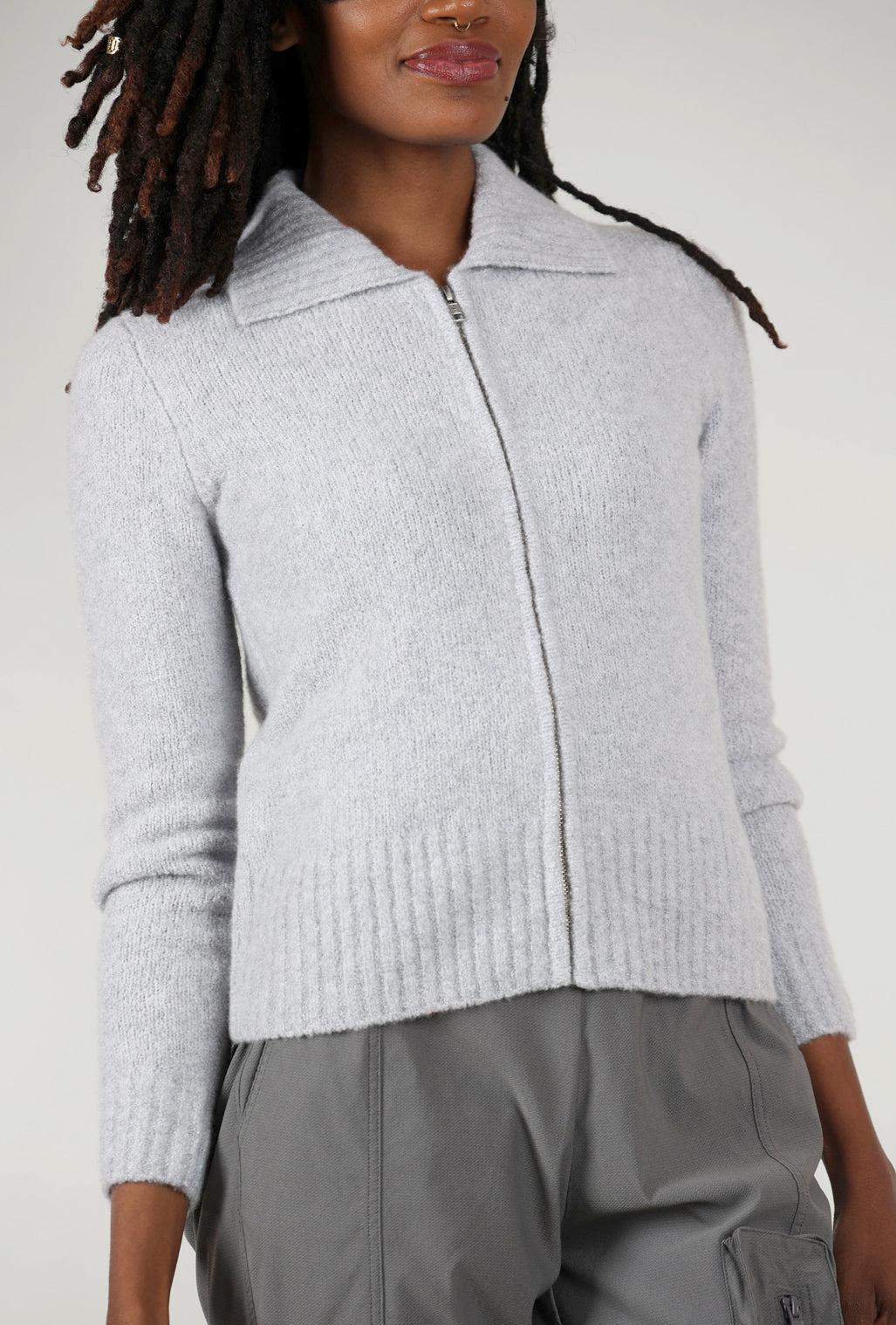 Kokun Cashmere Boucle Full-Zip Polo, Argento Gray