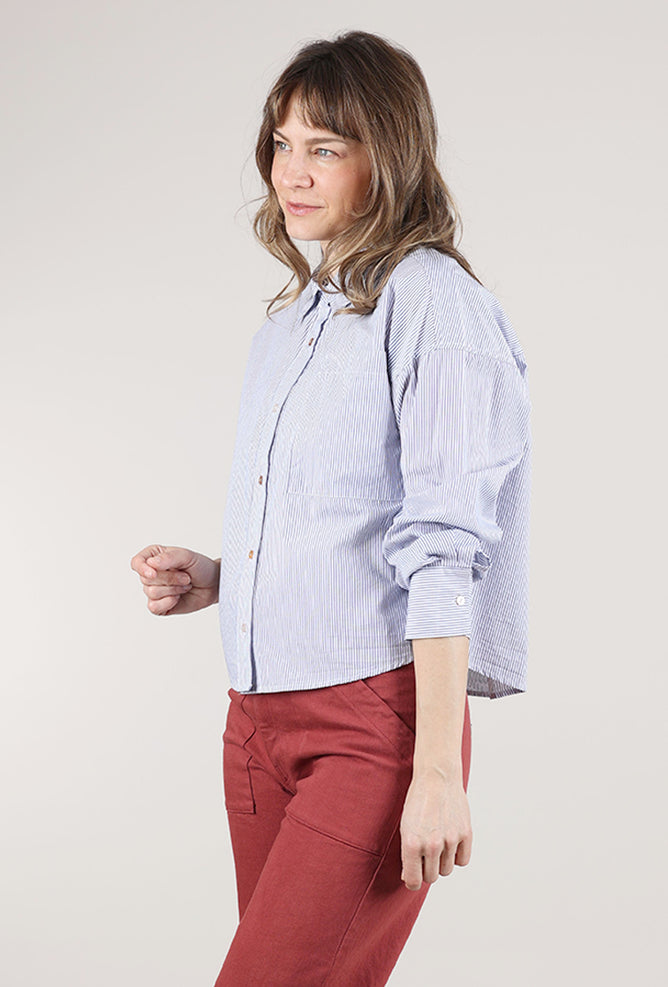 Mododoc Cropped Button-Up Shirt, Denim Stripe
