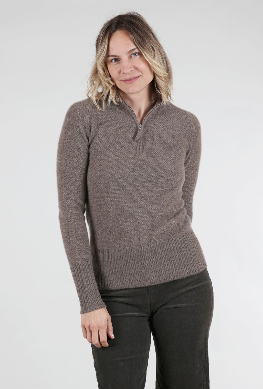 Pure Amici Quarter Zip Thermal Cashmere Sweater, Bark