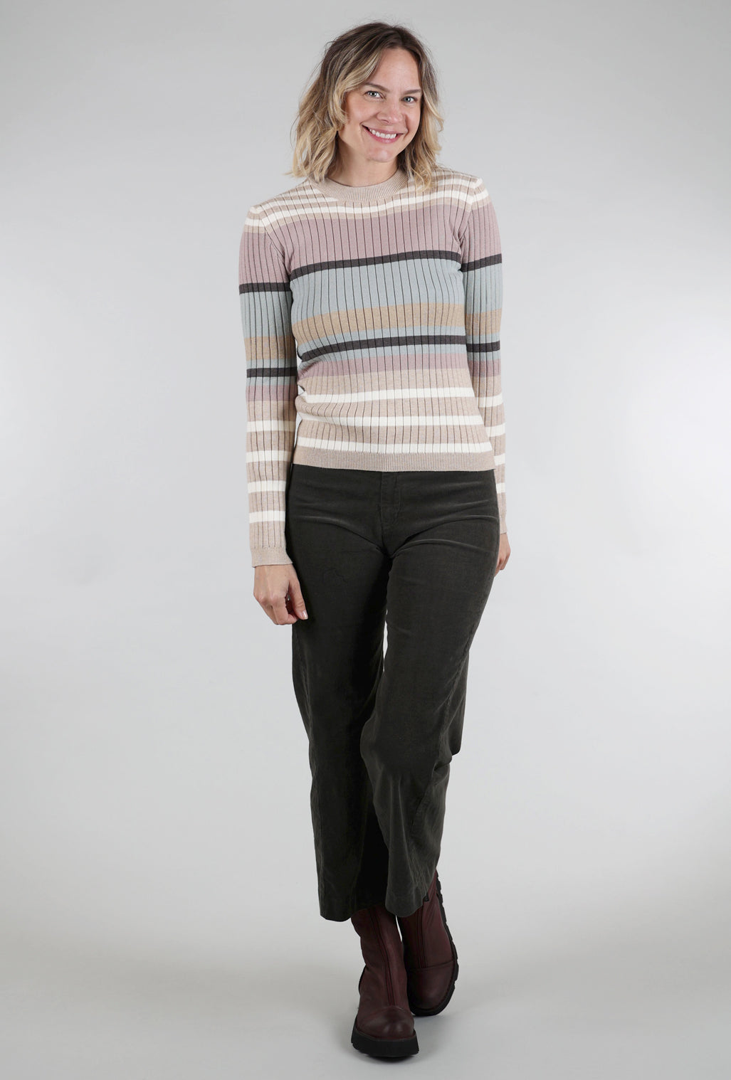 Mystree Colorblock Stripe Pullover, Ivory/Latte