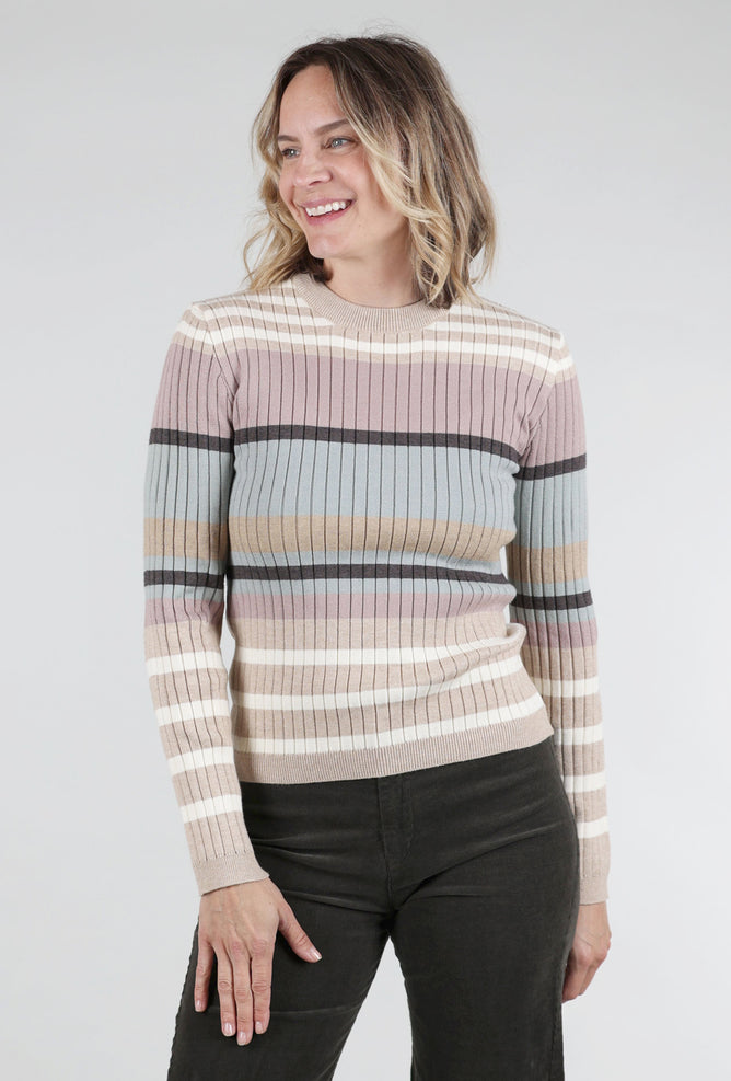 Mystree Colorblock Stripe Pullover, Ivory/Latte