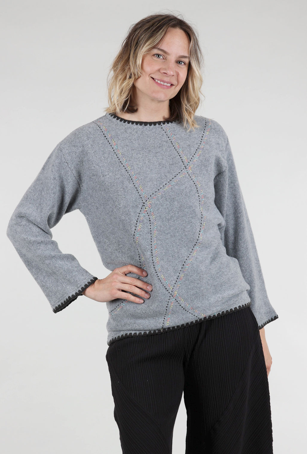 Trisha Tyler Rainbow Stitch Brushed Pullover, Gray