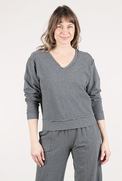 Mododoc L/S Open V-Neck Crop Sweatshirt, Heathered Ebony