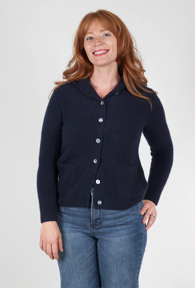 Kokun Cashmere Boucle Button-Down Hoodie, Navy