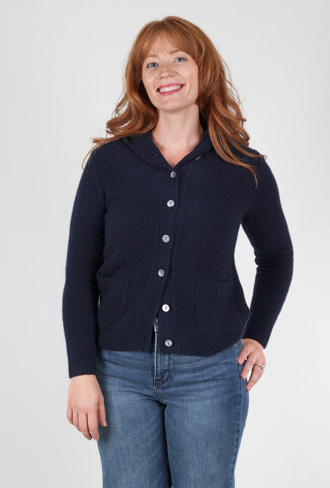 Kokun Cashmere Boucle Button-Down Hoodie, Navy