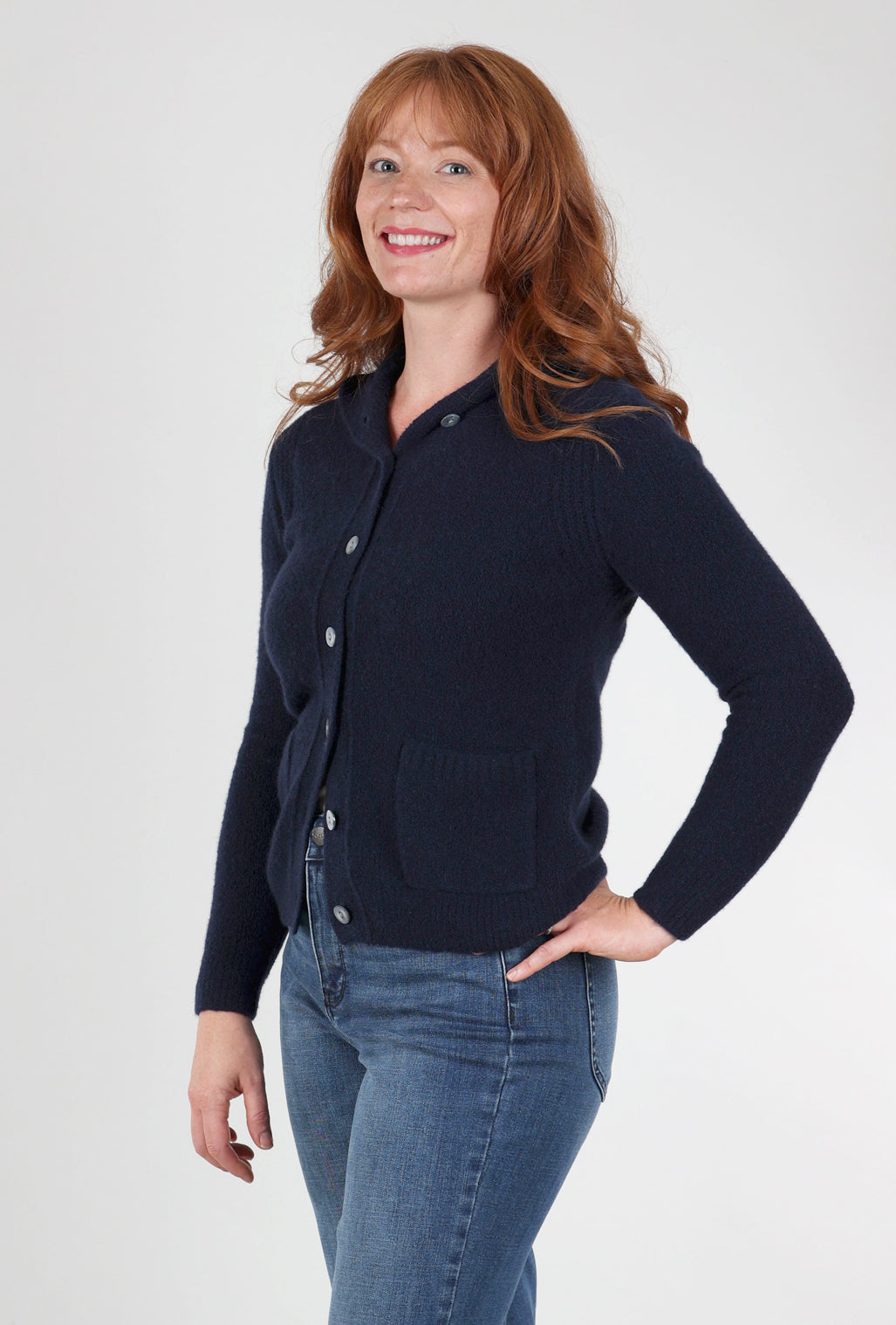 Kokun Cashmere Boucle Button-Down Hoodie, Navy