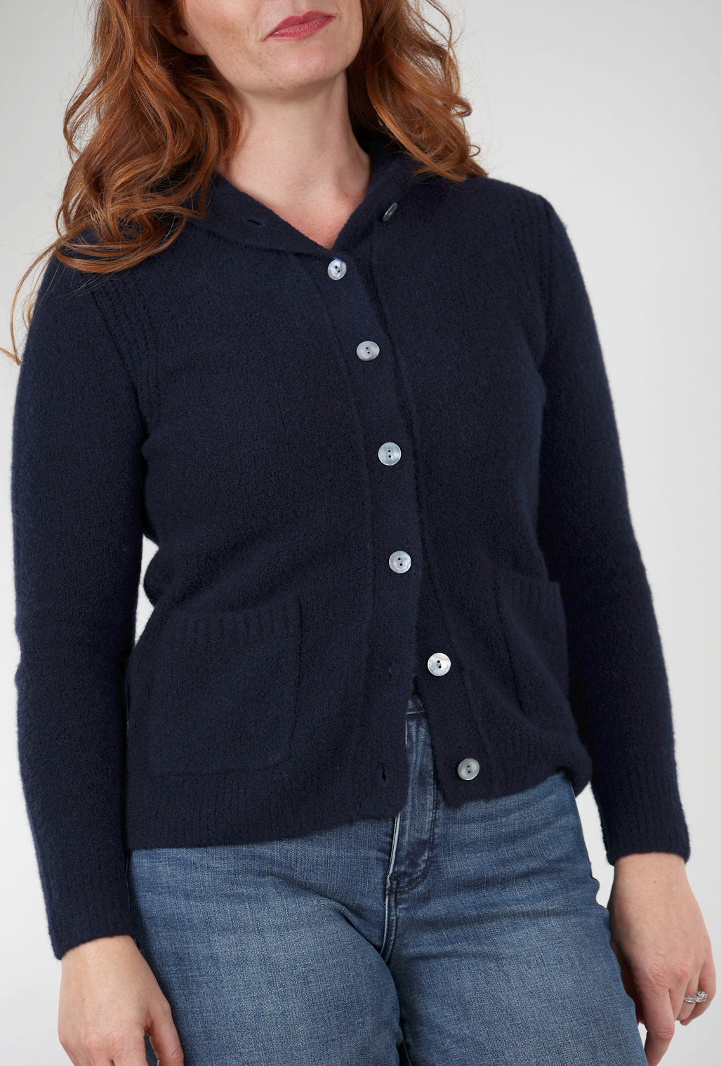 Kokun Cashmere Boucle Button-Down Hoodie, Navy