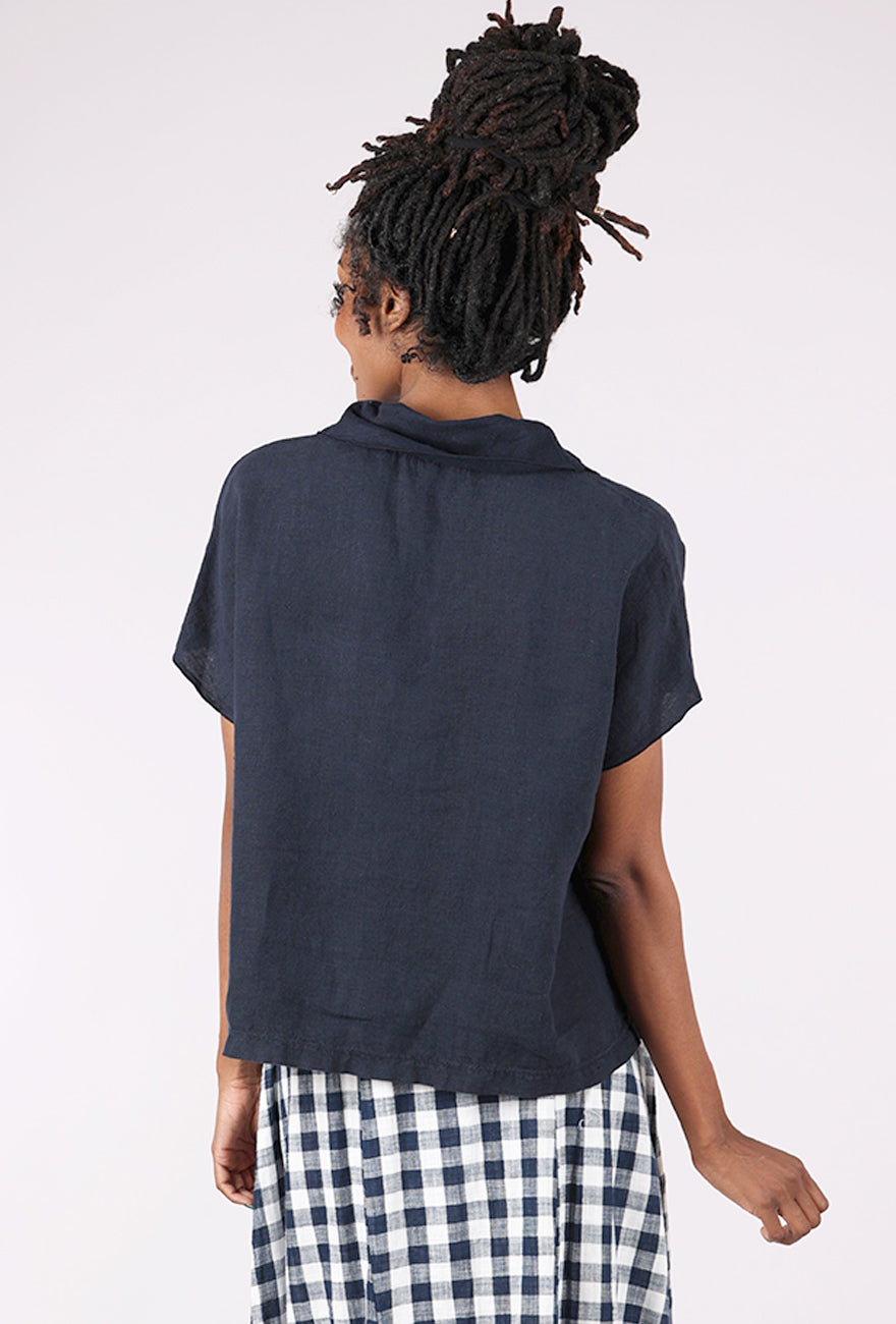 Fenini Mesh Collar Linen Top, Ink