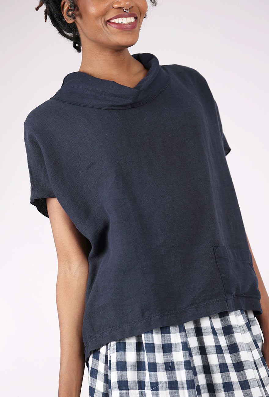 Fenini Mesh Collar Linen Top, Ink