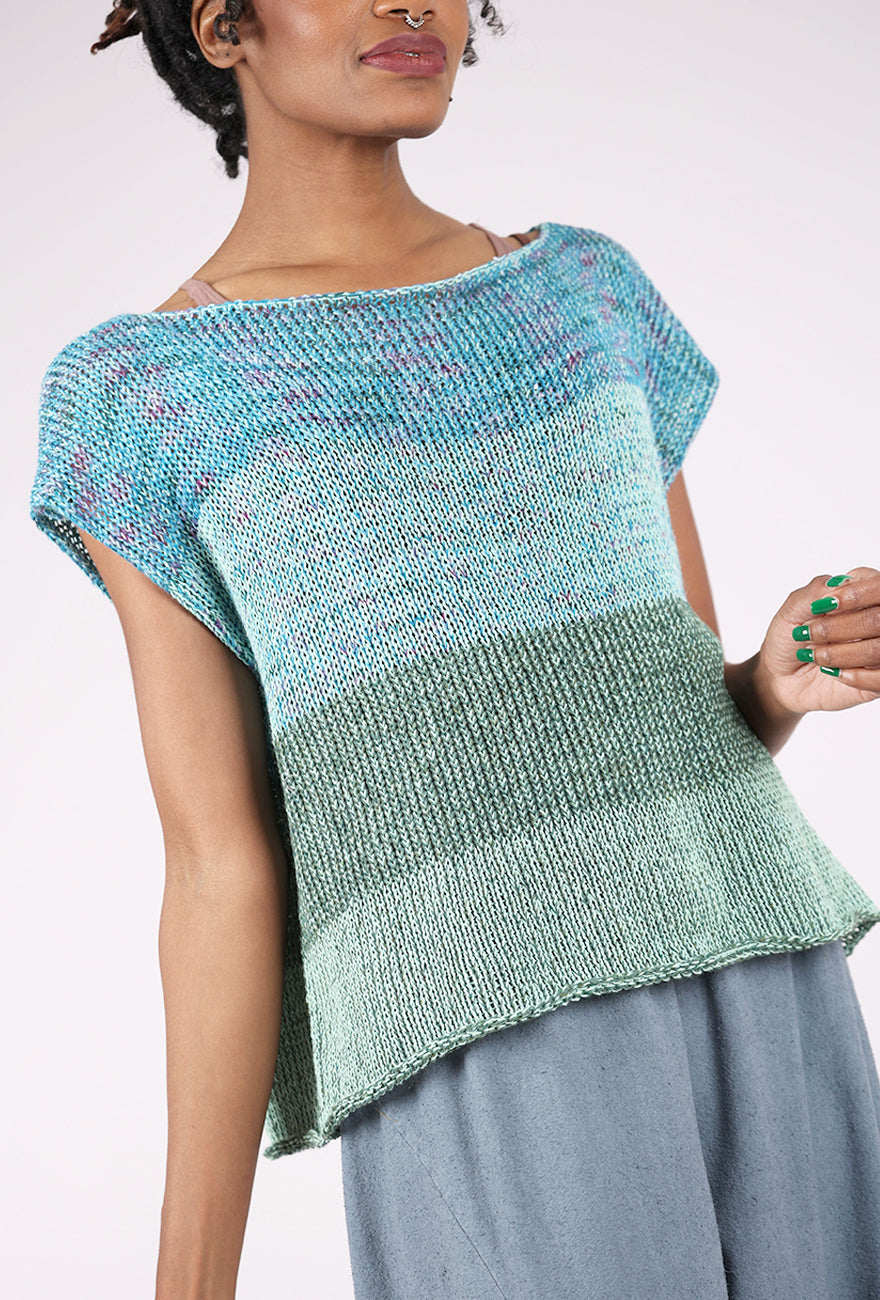 Artists & Revolutionaries Mossy Silk-Linen Hand-Knit Sweater Vest, Aqua Mix