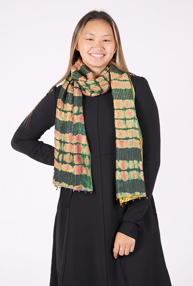 Neeru Kumar Wavy Double-Sided Wool-Silk Scarf, Forest/Orange