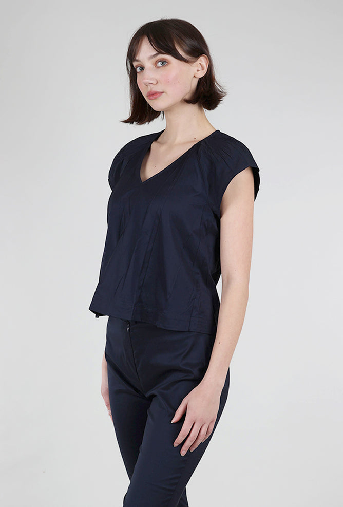 Cotelac Micropleat Shoulder V-Neck Blouse, Indigo