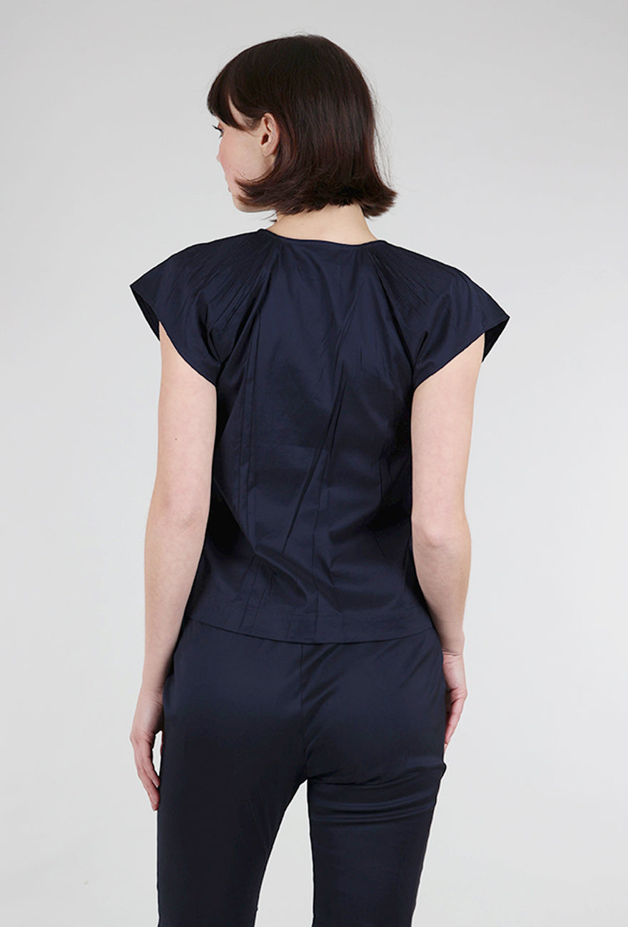 Cotelac Micropleat Shoulder V-Neck Blouse, Indigo