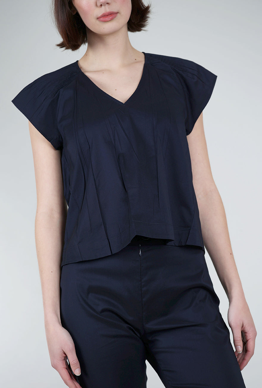 Cotelac Micropleat Shoulder V-Neck Blouse, Indigo