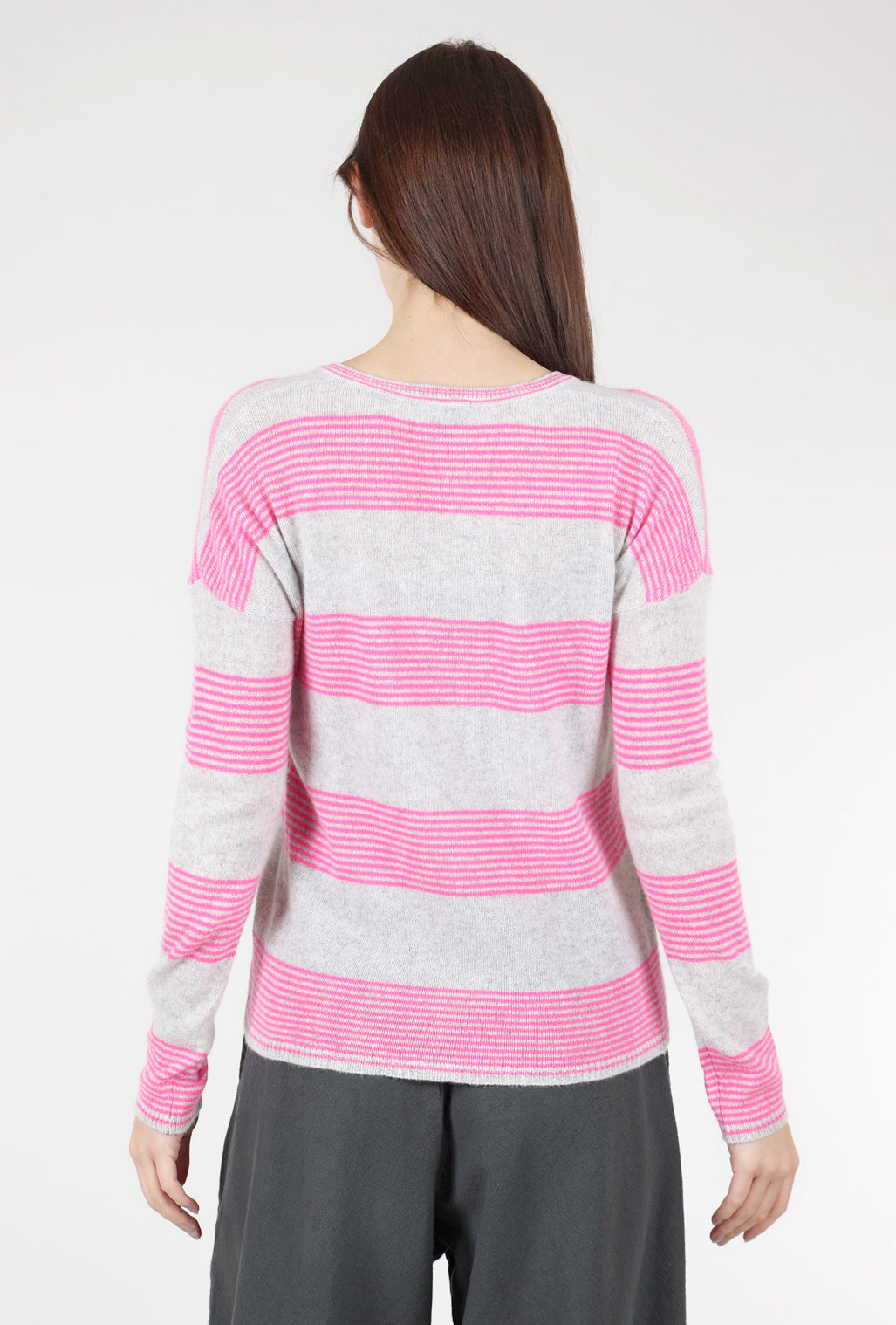 Pure Amici Neon Stripe Cashmere V-Neck, Neon Pink/Gray