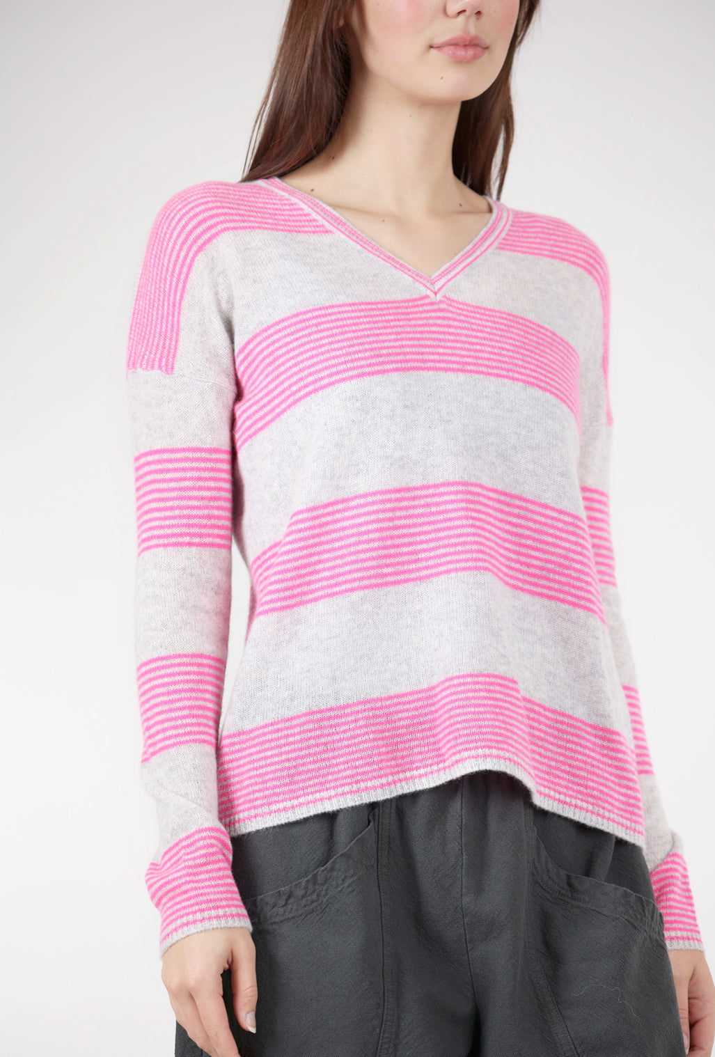 Pure Amici Neon Stripe Cashmere V-Neck, Neon Pink/Gray