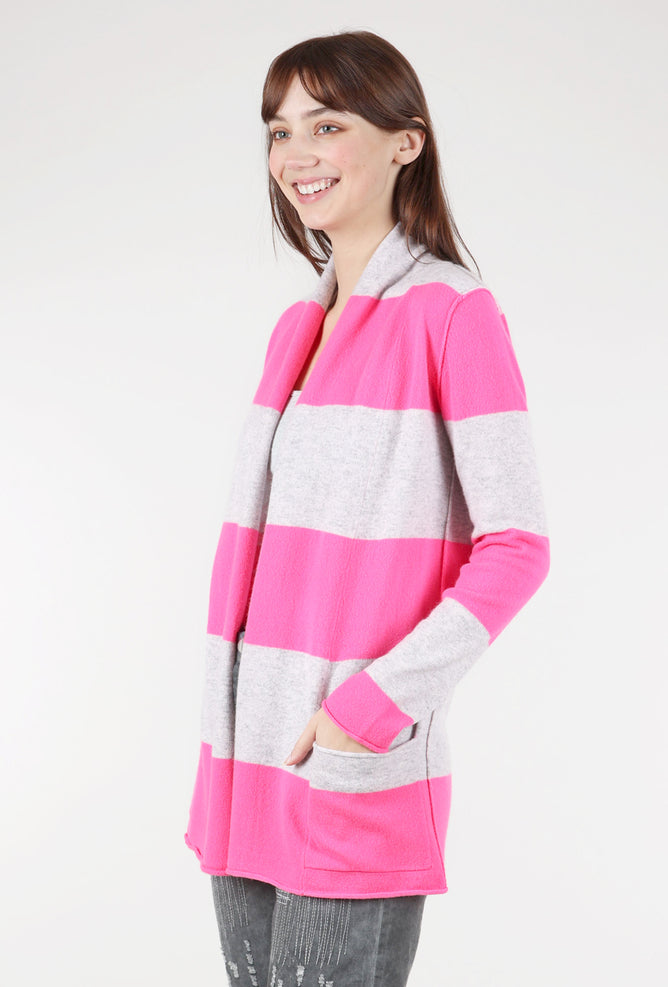 Pure Amici Striped Cashmere Open Cardie, Neon Pink/Gray