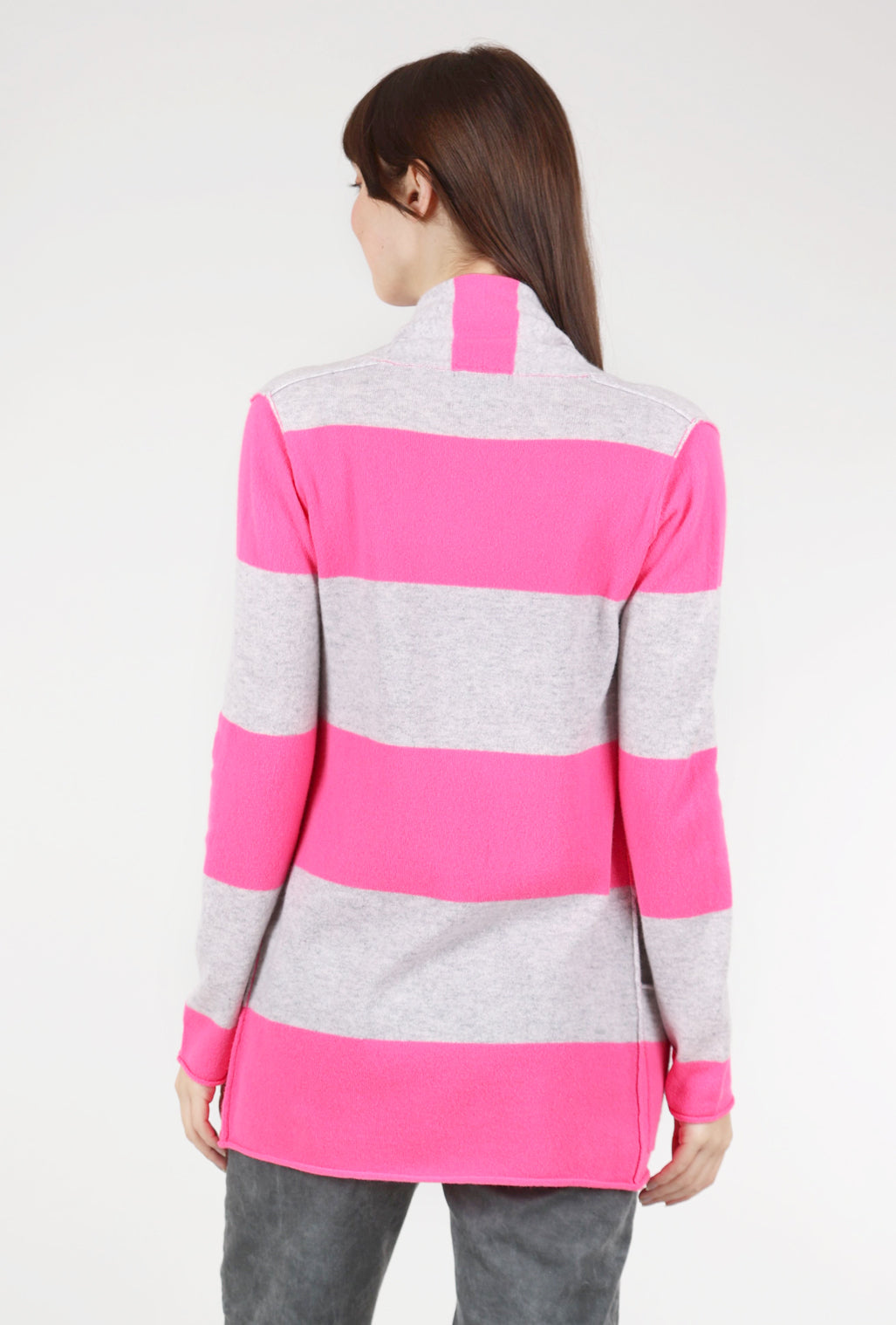 Pure Amici Striped Cashmere Open Cardie, Neon Pink/Gray