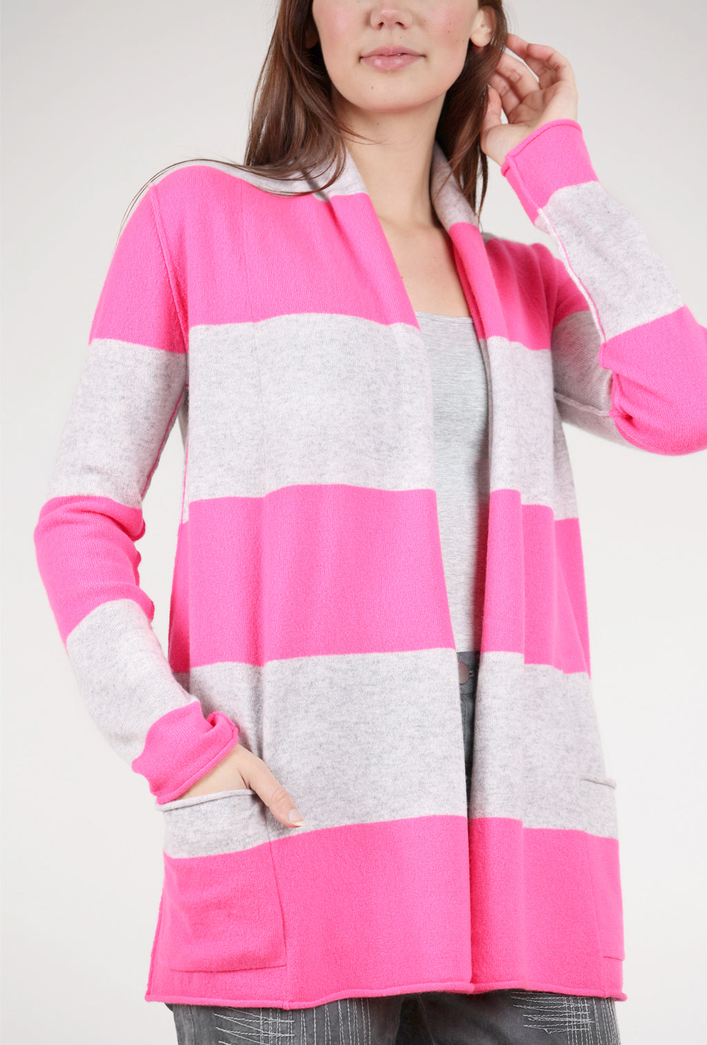 Pure Amici Striped Cashmere Open Cardie, Neon Pink/Gray